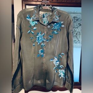 Johnny Was Olive Green Blouse with Blue Floral Embroidery